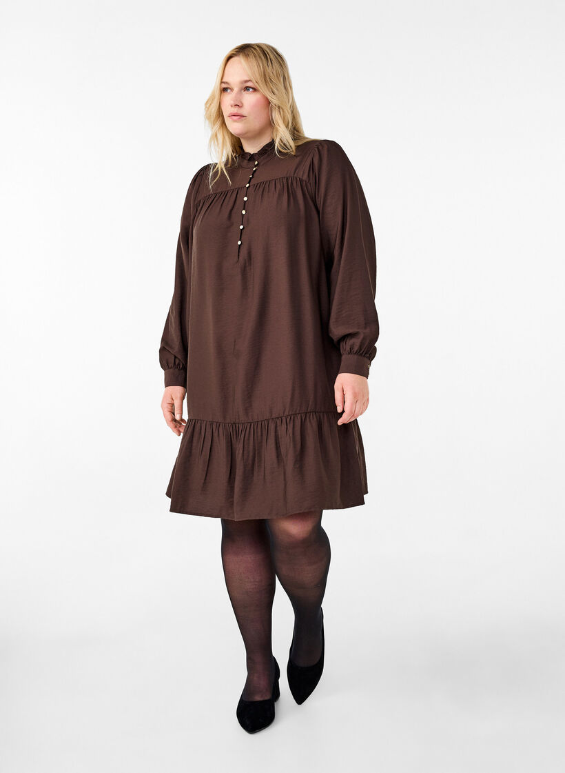 Robe courte avec col à volants, Seal Brown, Model image number 2