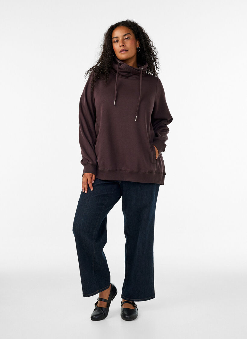 Sweat &agrave; col montant et poches, Marron, Model image number 1