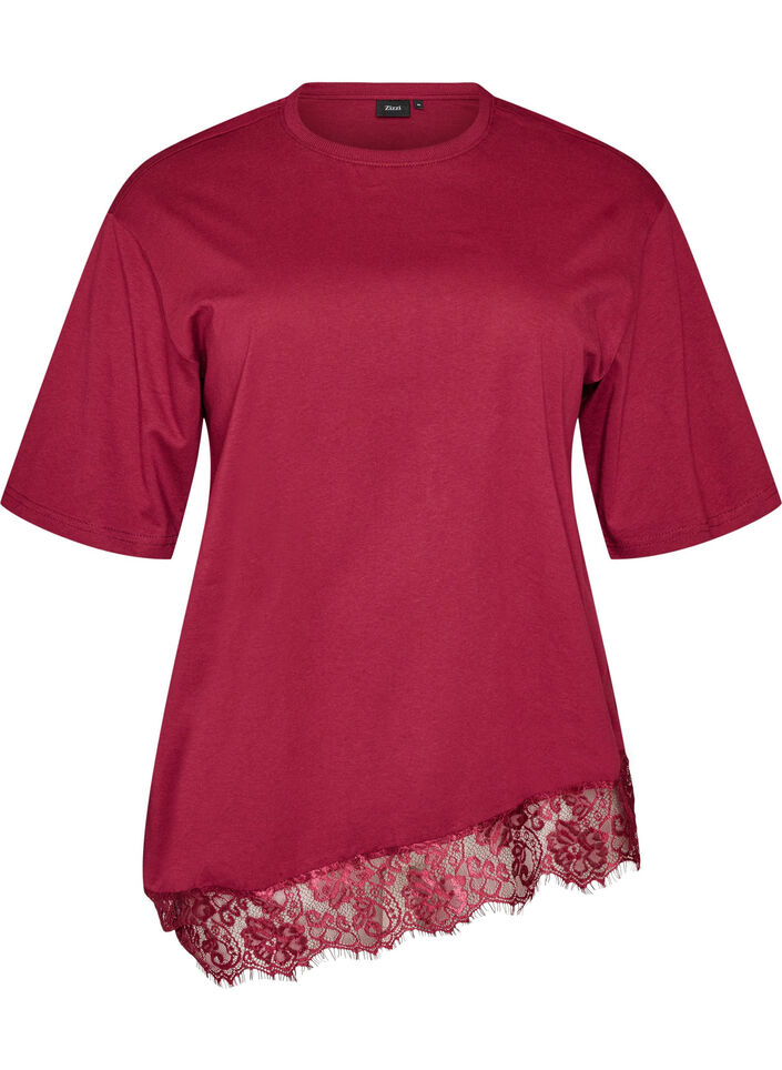 T-shirt avec ourlet asym&eacute;trique en dentelle, Rouge, Packshot image number 0