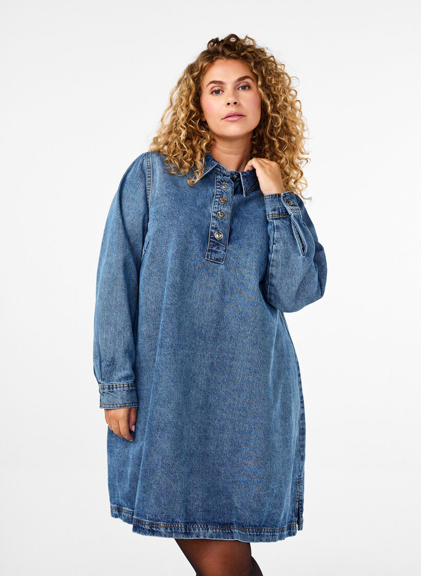 Robe courte en denim, manches longues, forme trapèze, Blue Denim, Model image number 0
