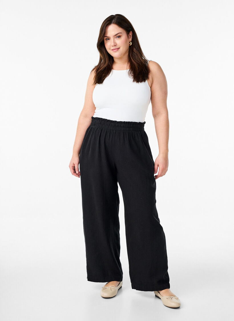 Pantalon ample en lin et viscose, Noir, Model image number 0