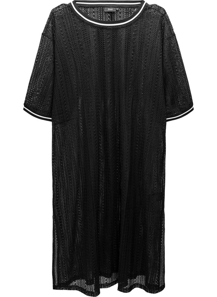 Robe mi-longue avec motif ajouré et manches courtes, Noir, Packshot image number 0