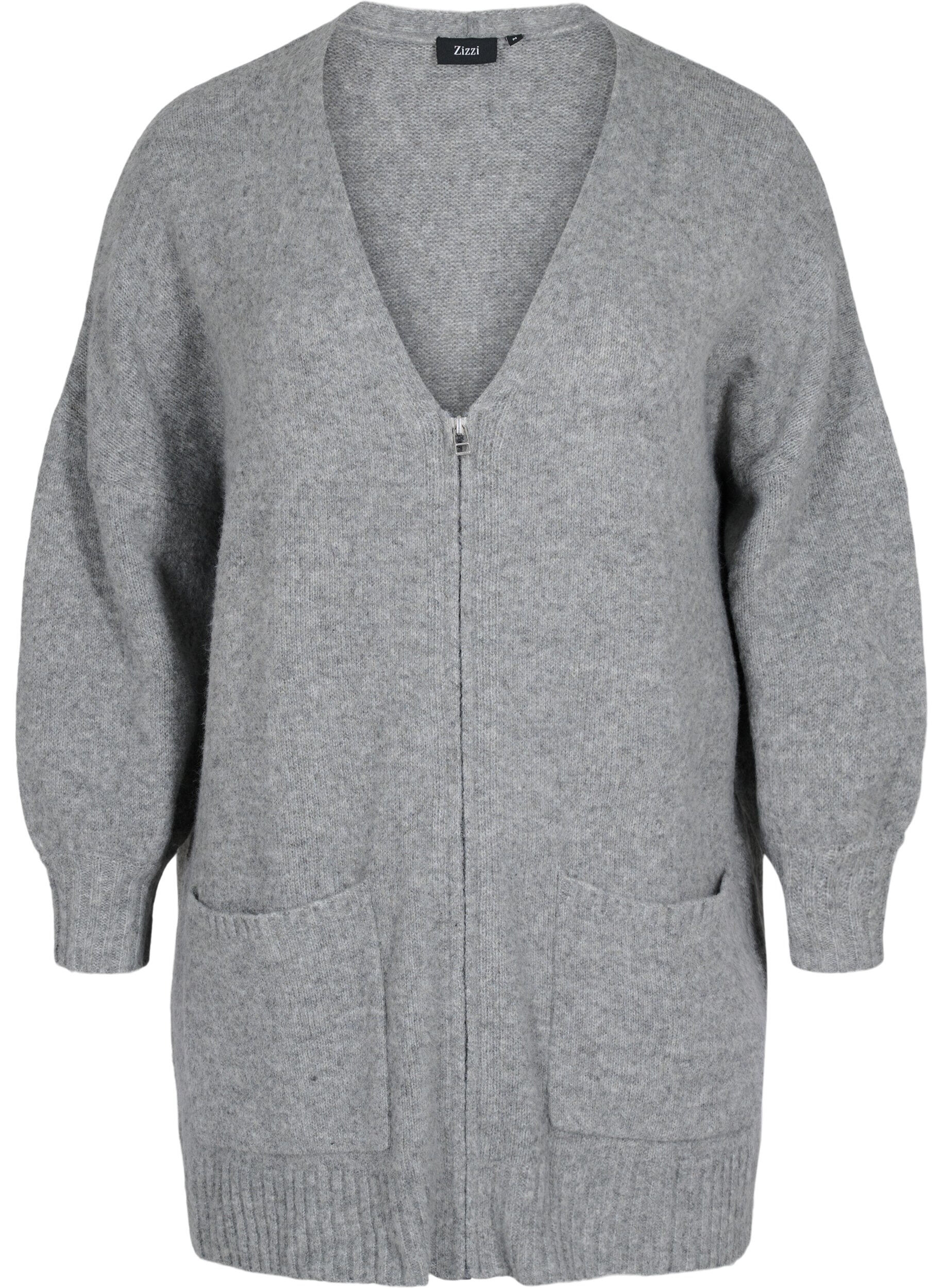 Zizzi Long cardigan en maille &agrave; fermeture &Eacute;clair et poches, Medium Grey Melange, Packshot image number 0