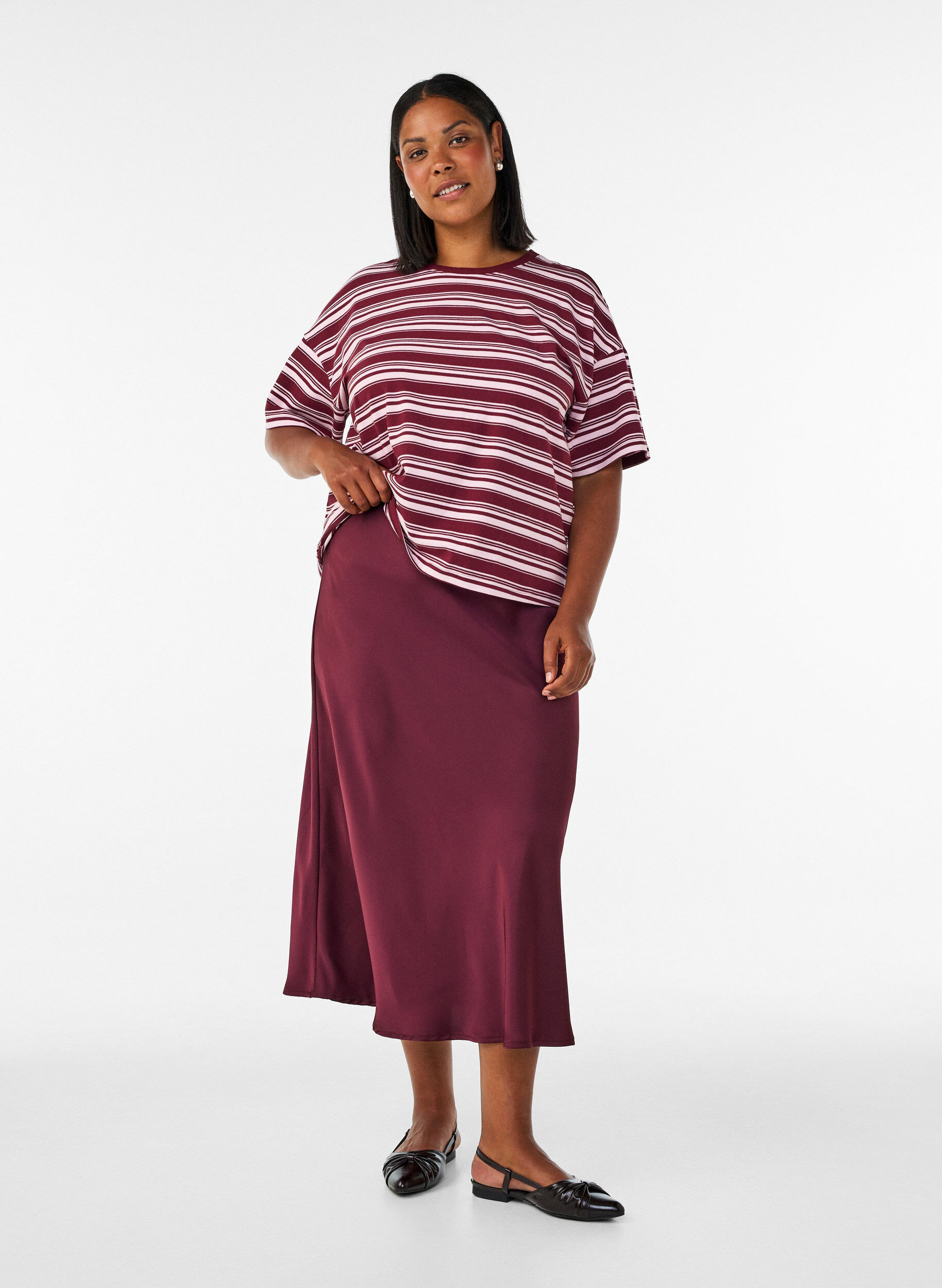 ZizziT-shirt boxy &agrave; rayures, Bordeaux, Model image number 1