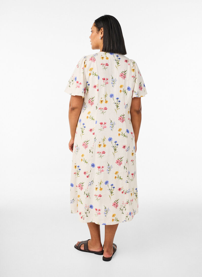 Robe midi en lin et viscose avec manches &agrave; volants, Beige, Model image number 1