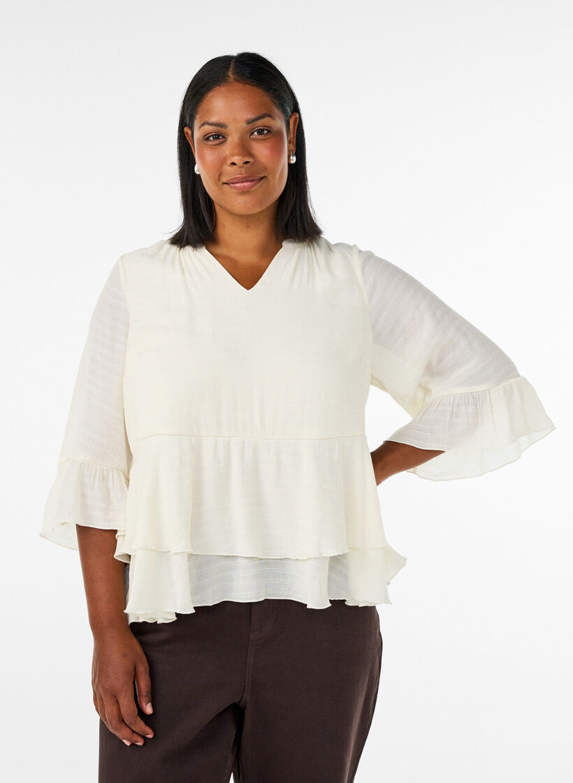 Blouse &agrave; manches 3/4 et volants, Vanille, Model image number 0