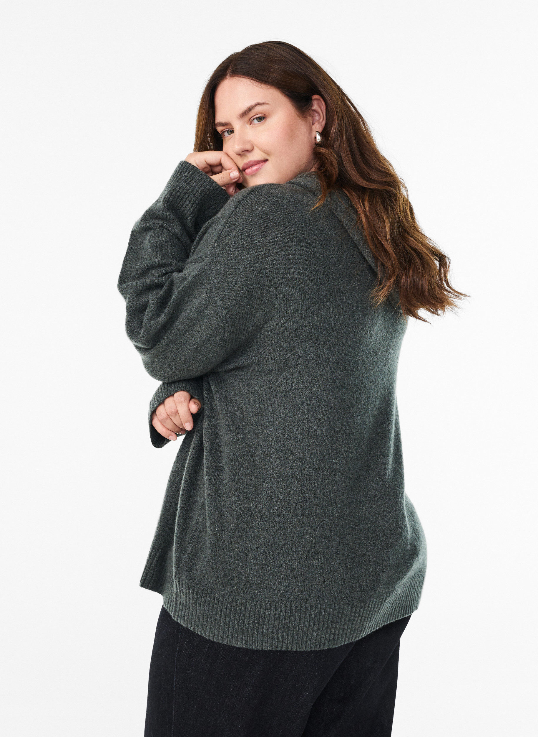 Zizzi Sweat &agrave; capuche en maille, Vert fonc&eacute;, Model image number 2