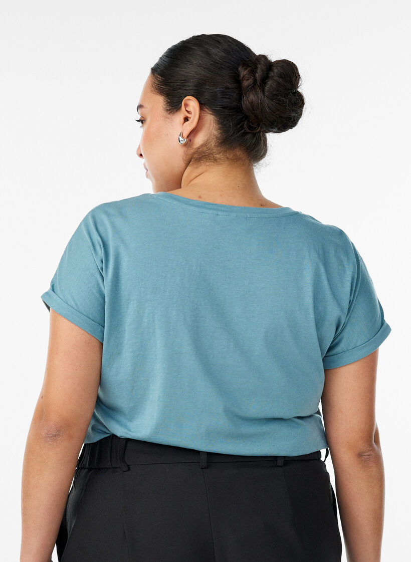 T-shirt &agrave; manches courtes en coton m&eacute;lang&eacute;, Bleu, Model image number 2