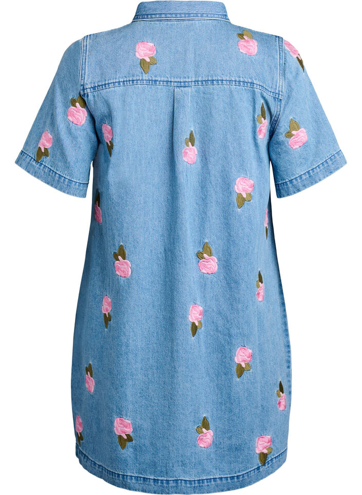 Robe courte en denim avec broderies florales, Bleu Clair, Packshot image number 1