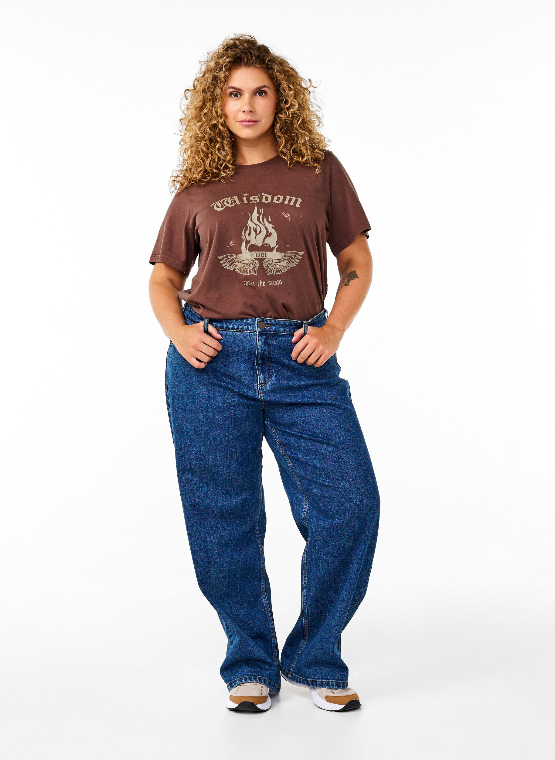 Jean &agrave; jambe large et taille haute, Bleu, Model