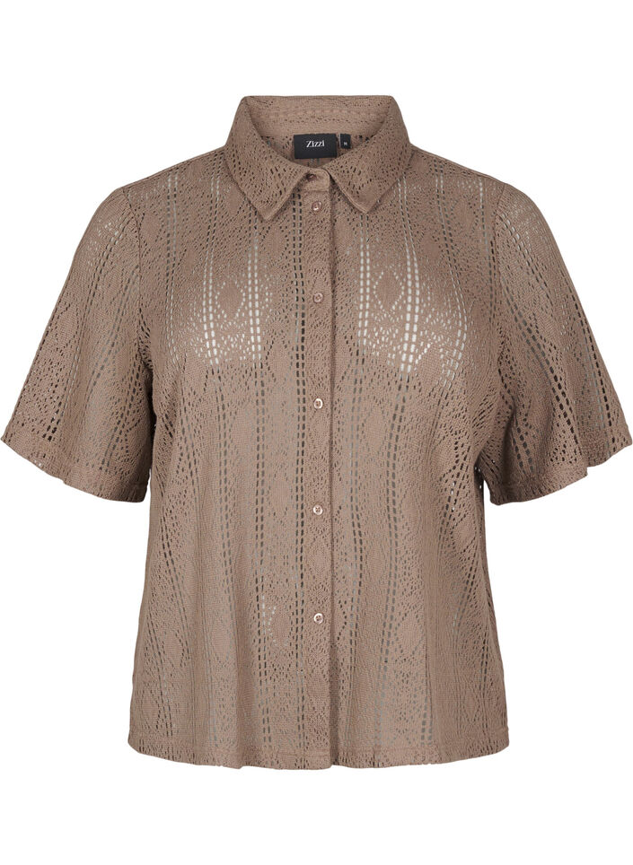 Chemise à manches courtes avec motif ajouré, Marron, Packshot image number 0