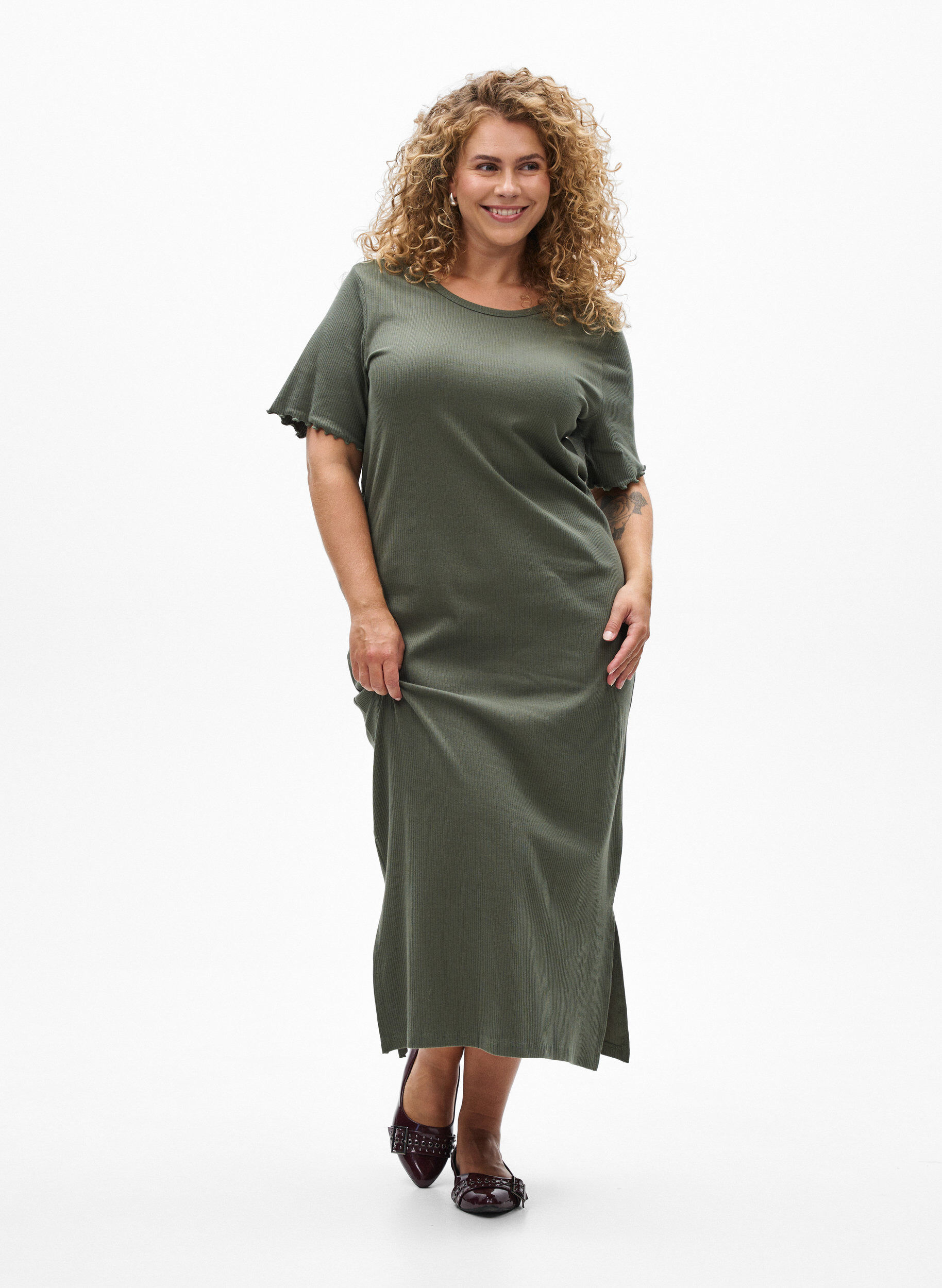 Robe maxi en jersey avec manches courtes, Vert, Model