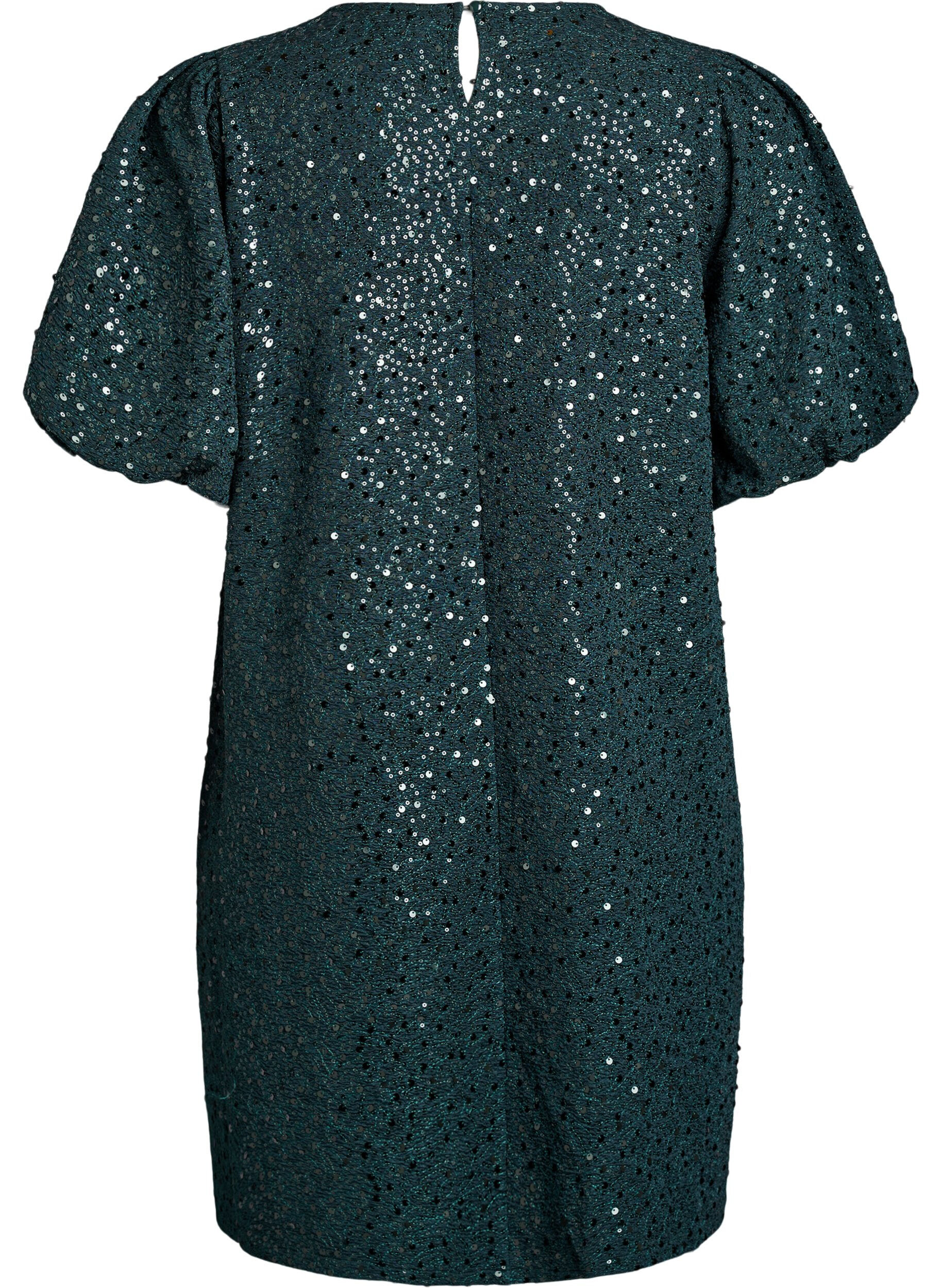 Zizzi Robe courte &agrave; sequins &agrave; manches bouffantes, Vert fonc&eacute;, Packshot image number 1