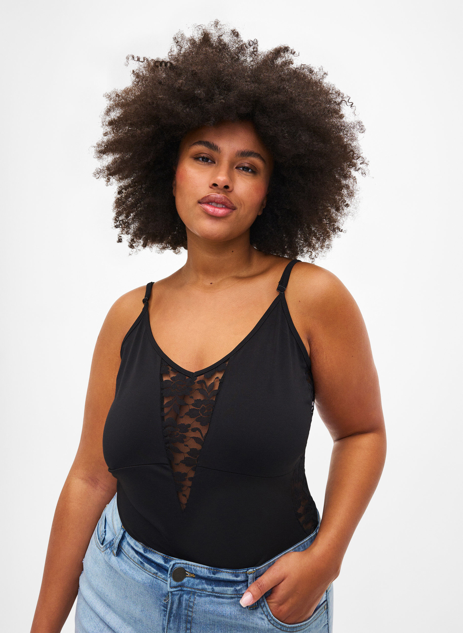 Zizzi Bodystocking avec de la dentelle et des bretelles fines, Black, Model image number 0