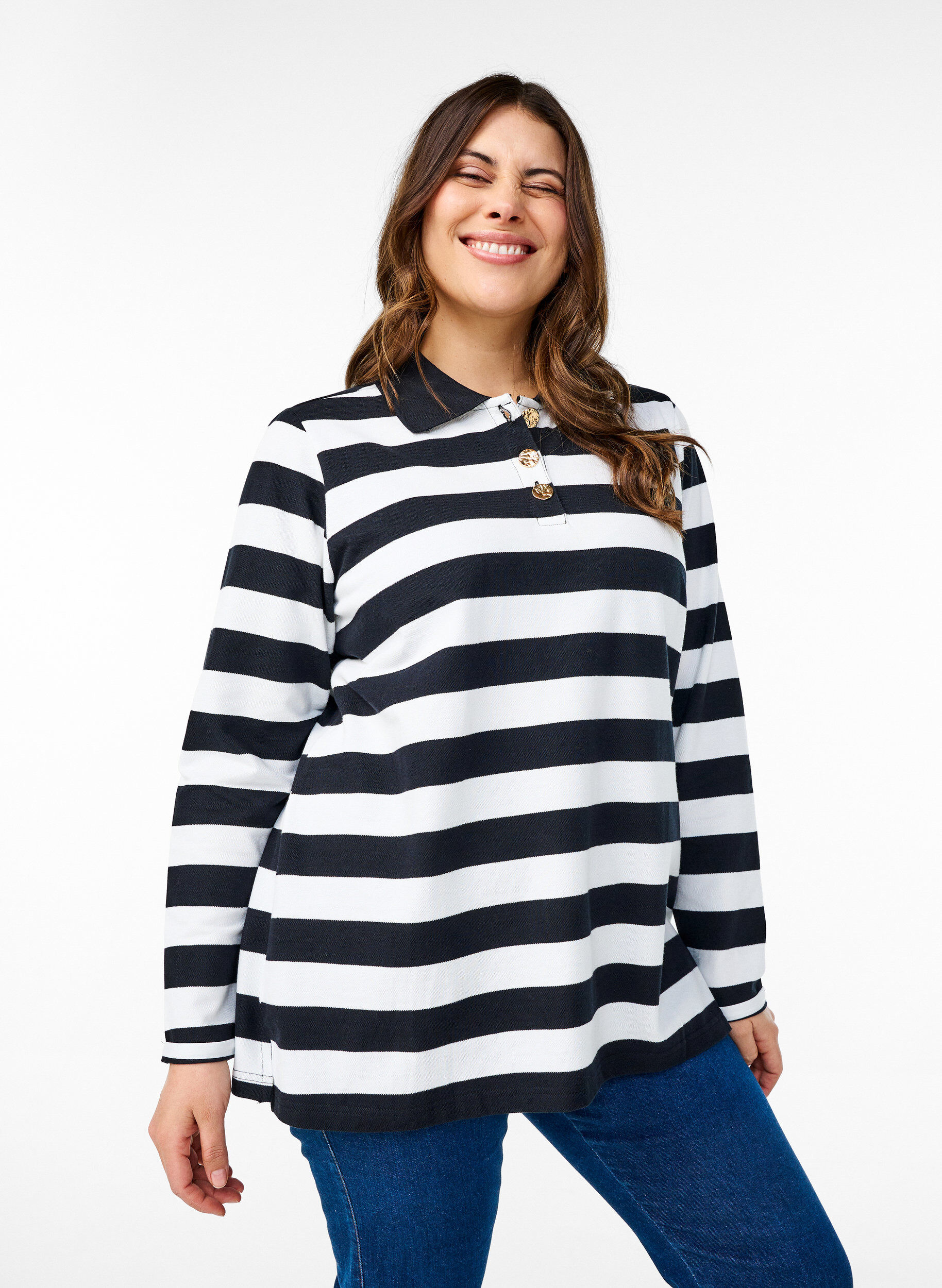 Zizzi Polo ray&eacute; &agrave; manches longues, Noir, Model image number 0