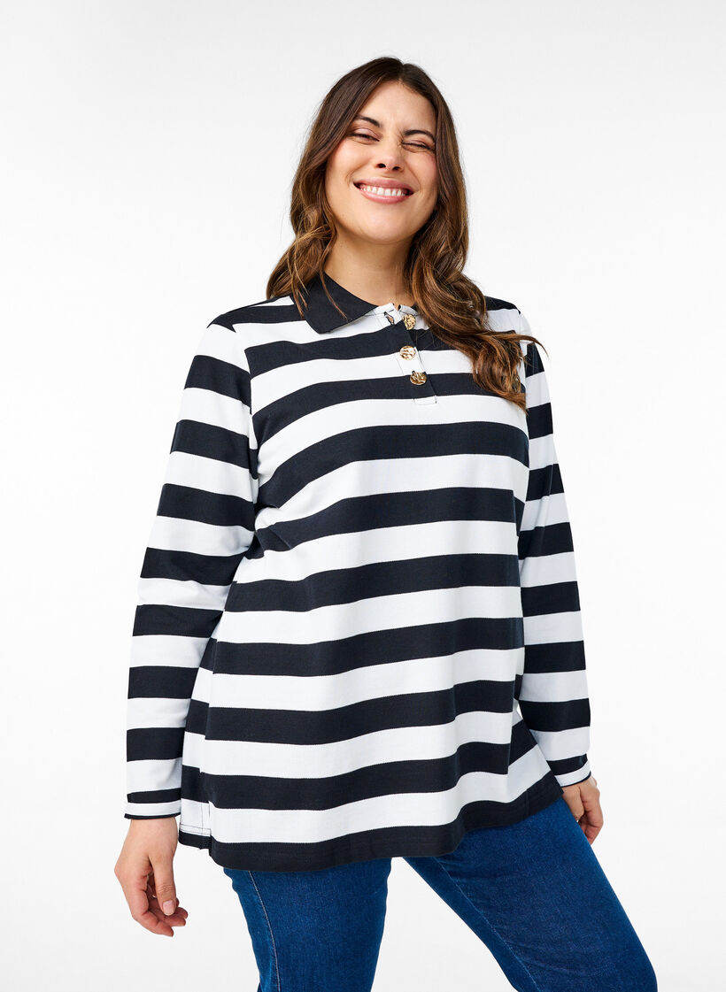 Polo rayé à manches longues, Noir, Model image number 0