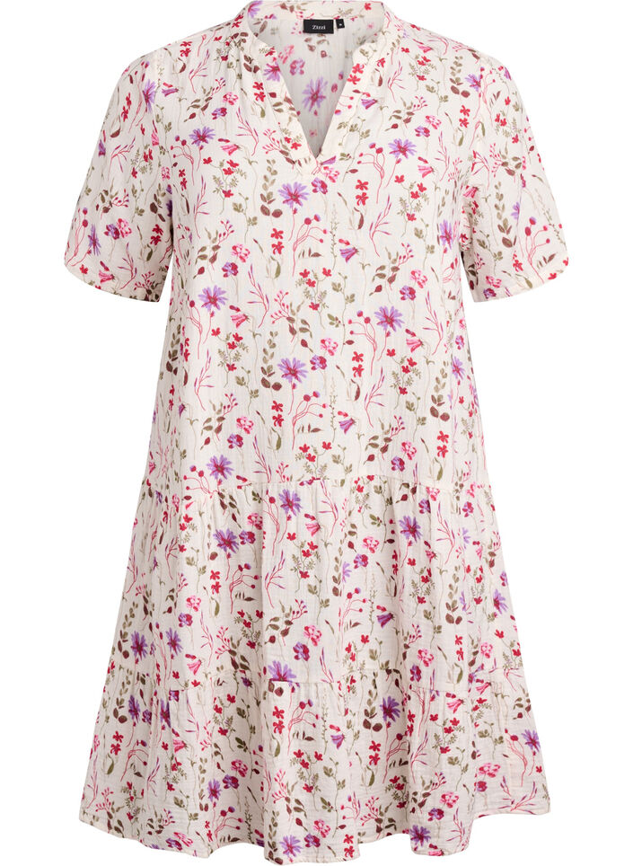 Robe courte &eacute;vas&eacute;e en mousseline de coton, Beige, Packshot image number 0