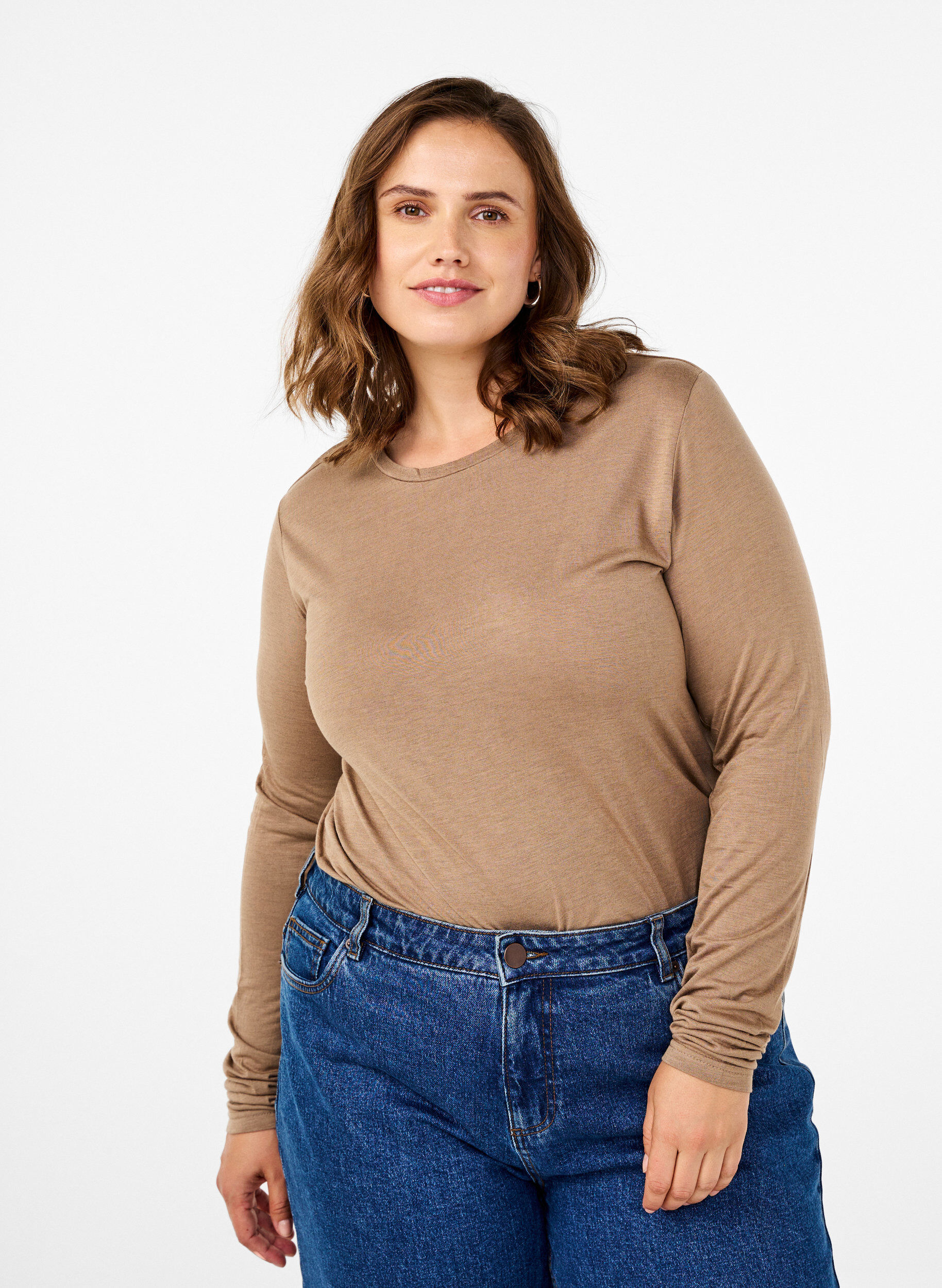 Chemisier &agrave; manches longues en laine et viscose, Marron, Model