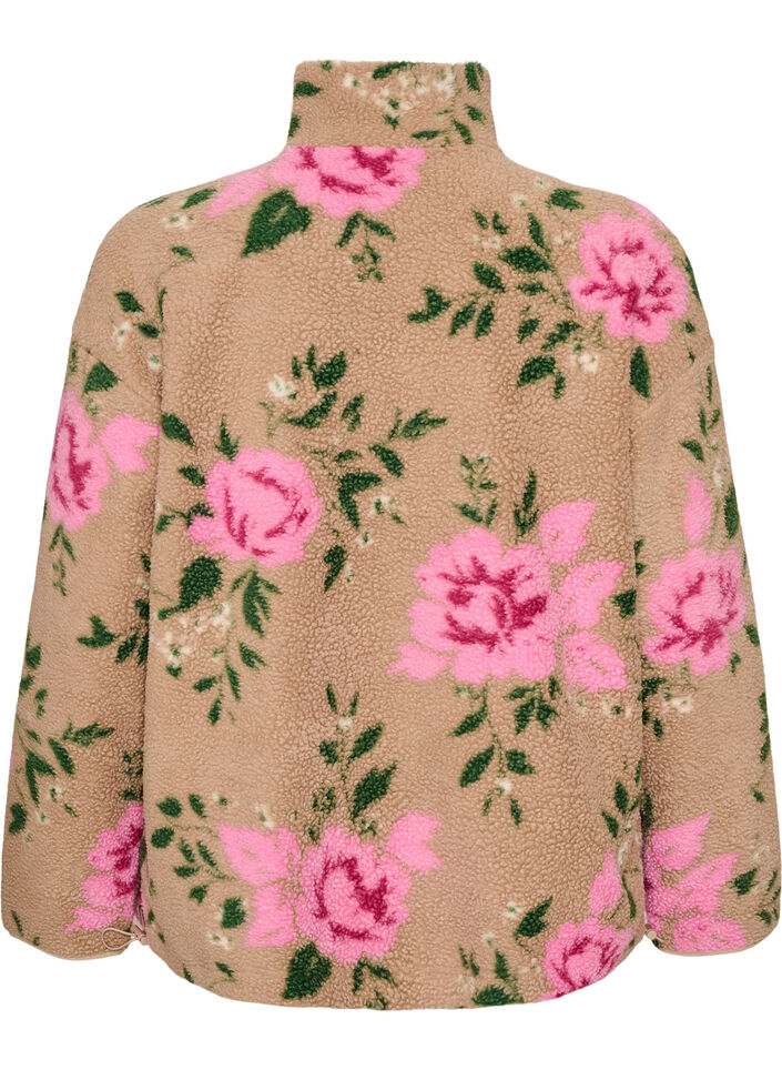 Veste en polaire &agrave; motif floral avec col montant et fermeture zipp&eacute;e, Beige, Packshot image number 1
