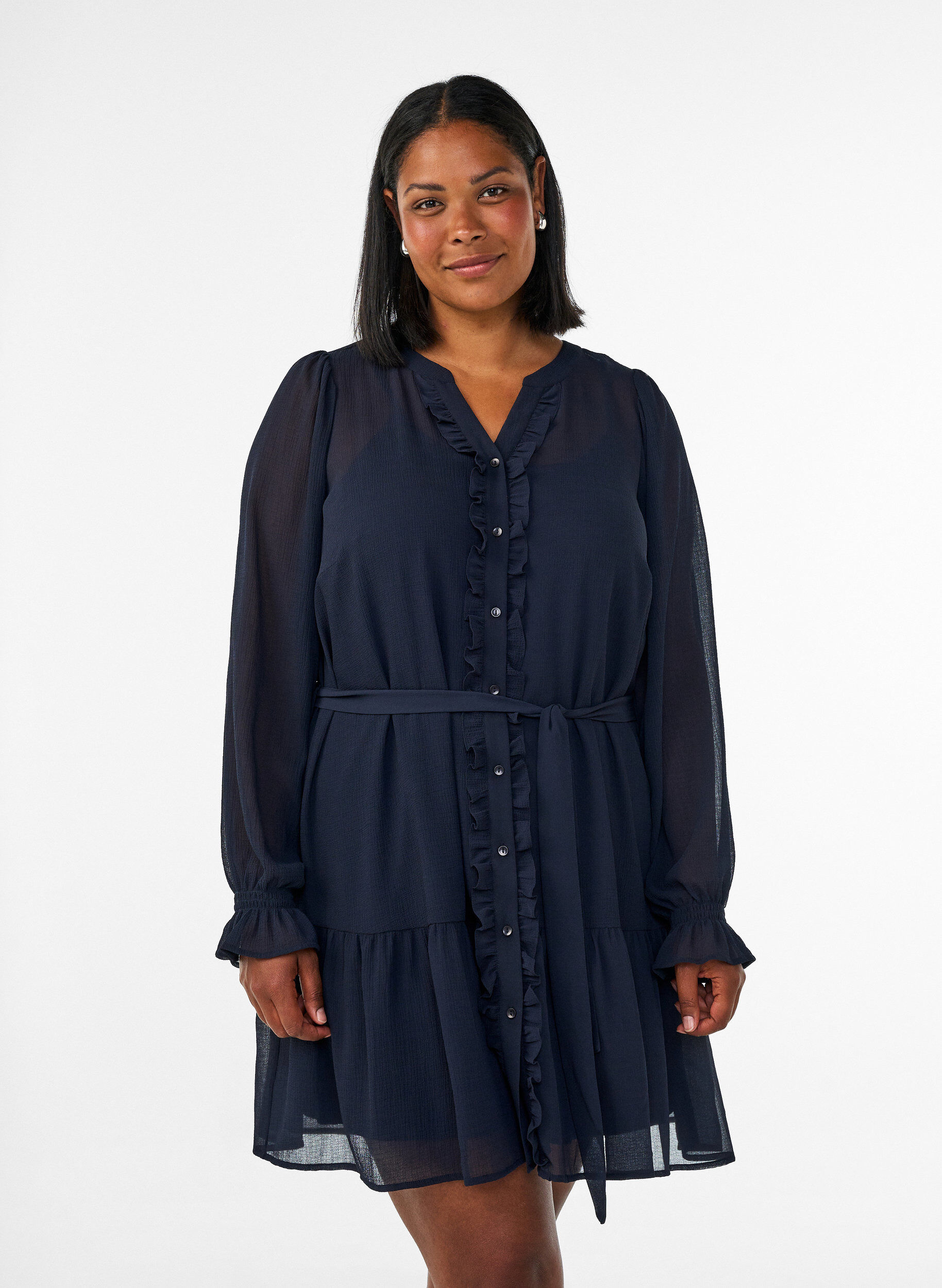 ZizziRobe courte avec volants et ceinture &agrave; nouer, Bleu, Model image number 0