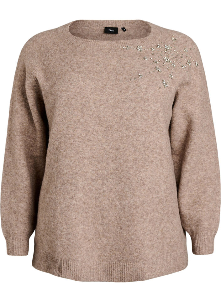 Blouse en maille avec strass et clous, Beige, Packshot image number 0