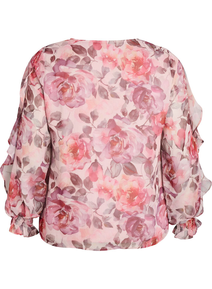 Blouse fleurie avec col en V et manches &agrave; volants, Rose, Packshot