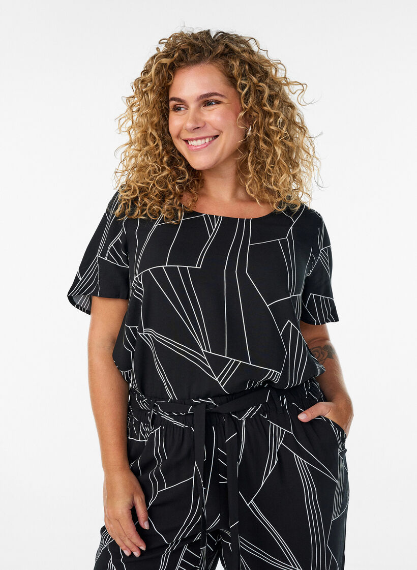 Blouse en viscose &agrave; manches courtes avec imprim&eacute;, Noir, Model image number 0