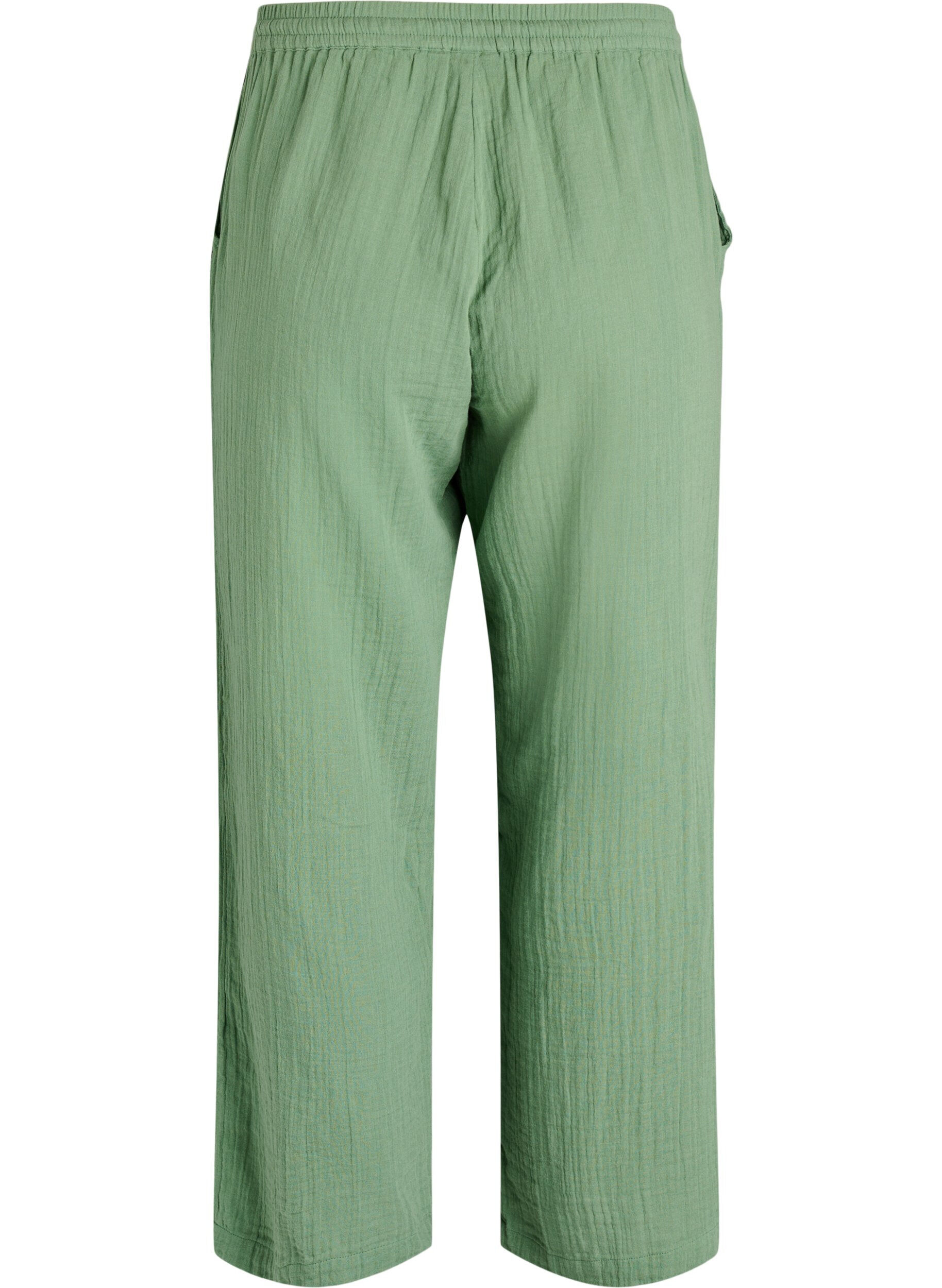 Zizzi Pantalon taille haute en mousseline de coton &agrave; coupe ample, Vert, Packshot image number 1