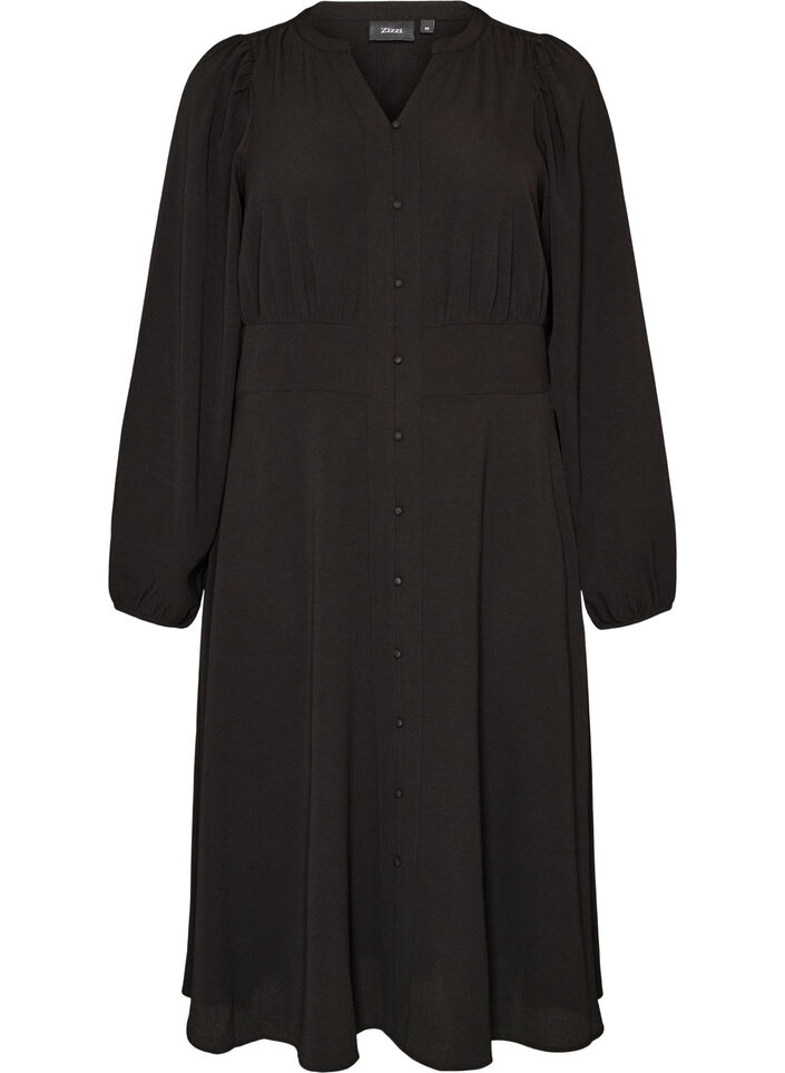 Robe midi avec smocks et boutons d&eacute;coratifs, Noir, Packshot image number 0
