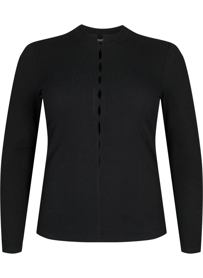 Blouse côtelée à manches longues avec ouvertures, Black, Packshot image number 0