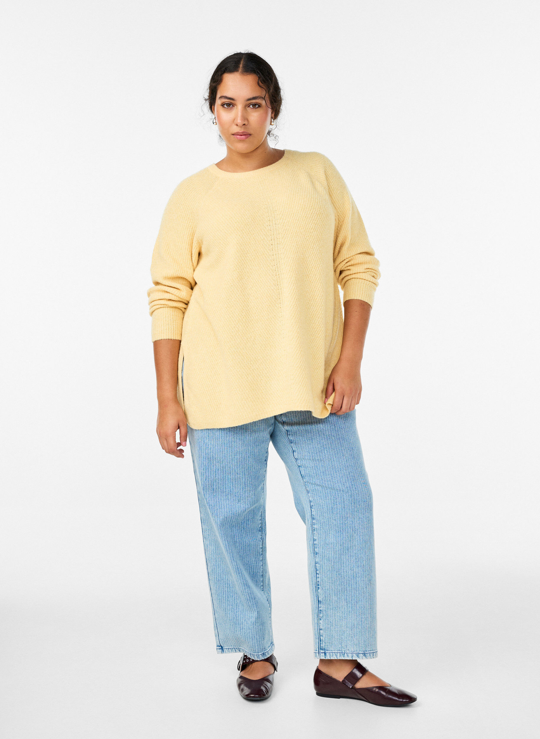 ZizziPull en maille &agrave; motif diagonal et manches raglan, Jaune clair, Model image number 1