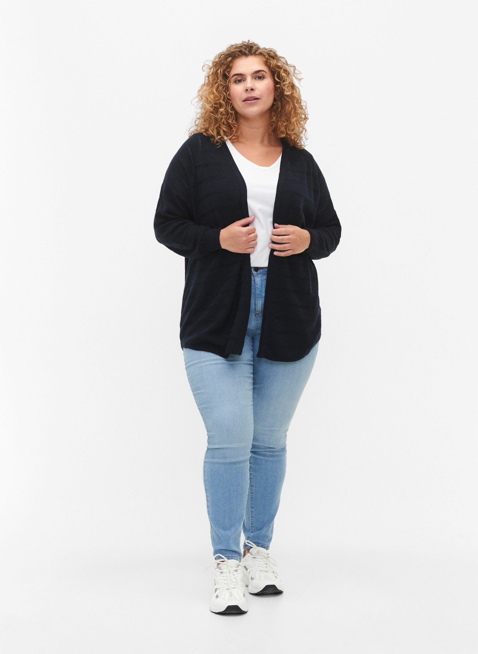 Zizzi Cardigan ray&eacute; ton sur ton, Navy Blazer, Model image number 2