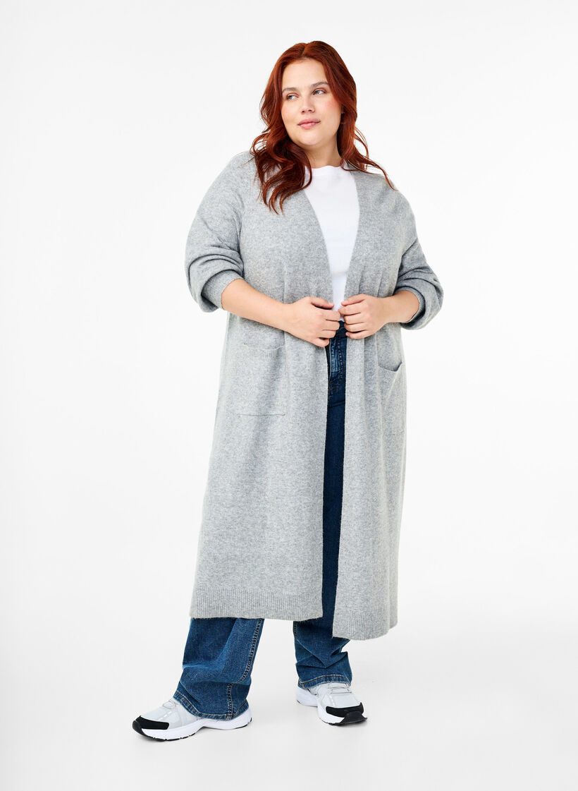Long cardigan tricoté avec poches, Light Grey Melange, Model image number 2
