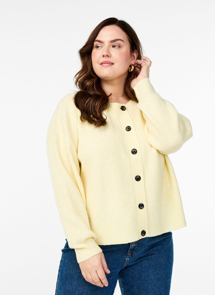 Cardigan en tricot côtelé avec boutons, Jaune clair, Model image number 0
