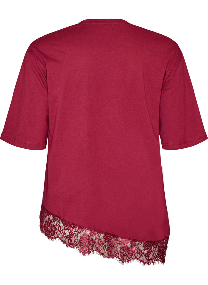 T-shirt avec ourlet asym&eacute;trique en dentelle, Rouge, Packshot image number 1