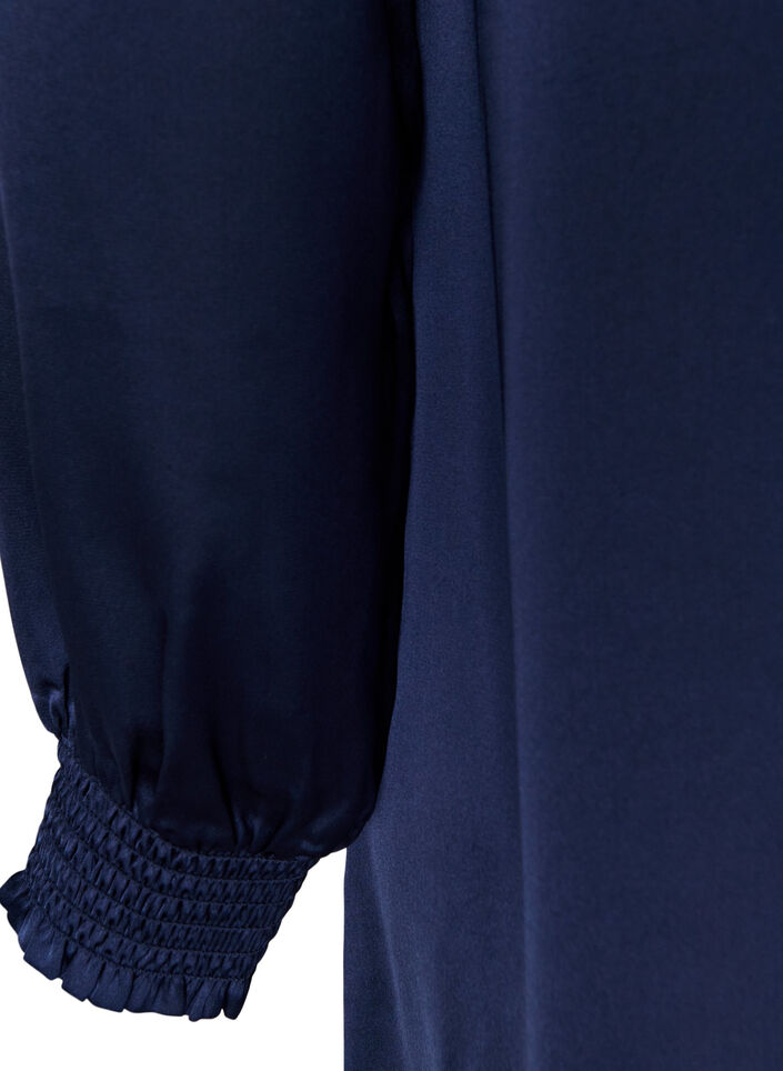 Robe en satin avec manches longues et col en V, Bleu, Packshot image number 3