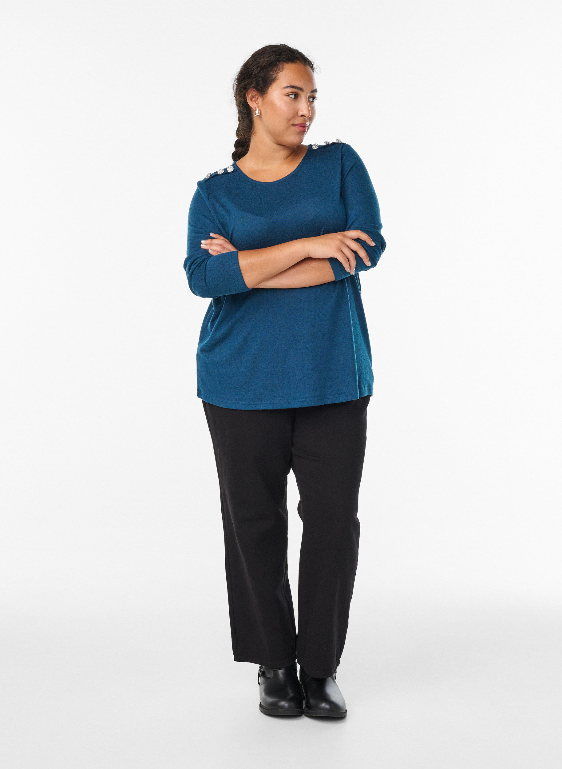 Zizzi Chemisier avec boutons d&eacute;coratifs, Bleu p&eacute;trole, Model image number 1