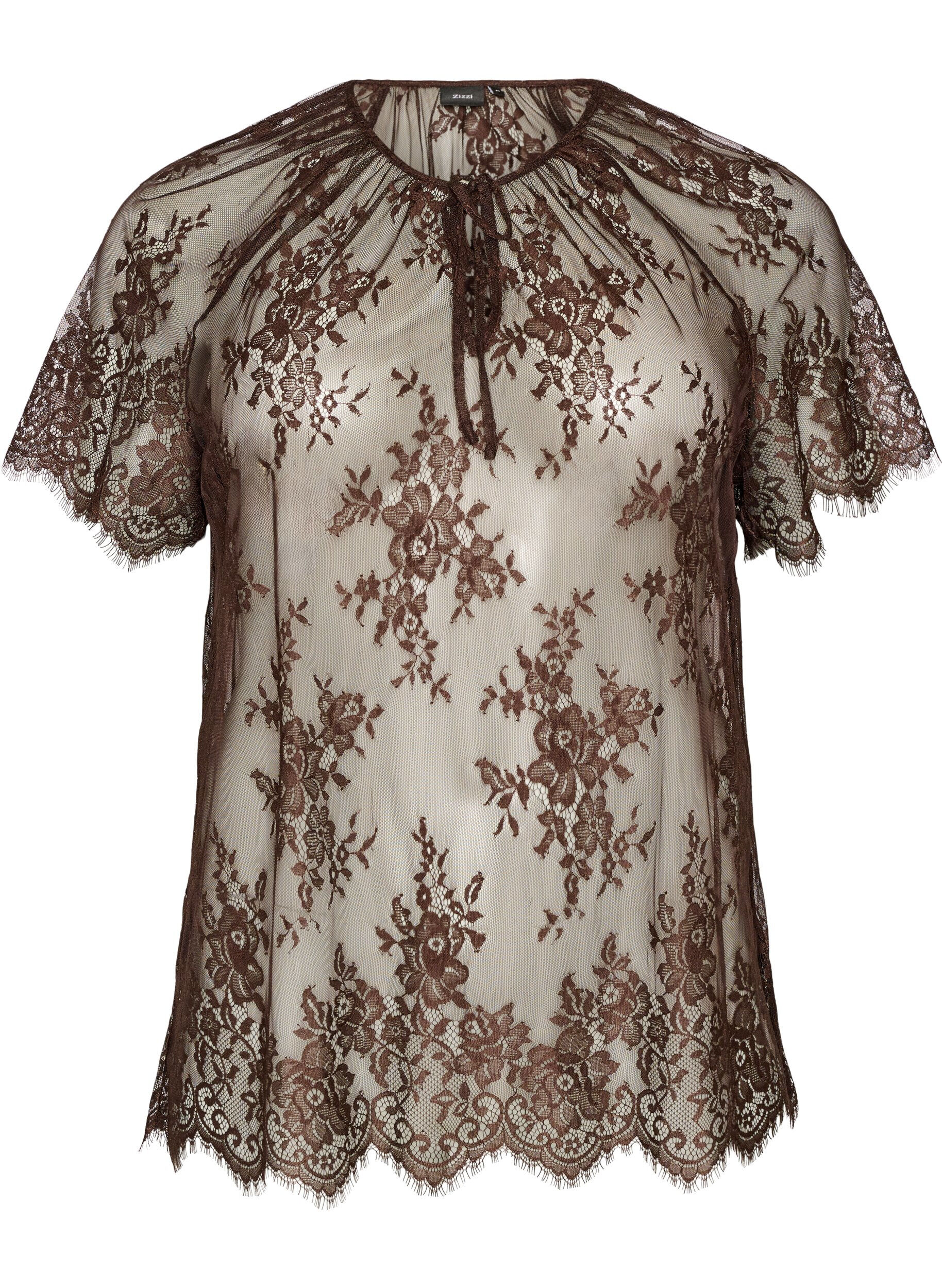 ZizziBlouse en dentelle &agrave; manches courtes avec lien &agrave; nouer, Marron, Packshot image number 0