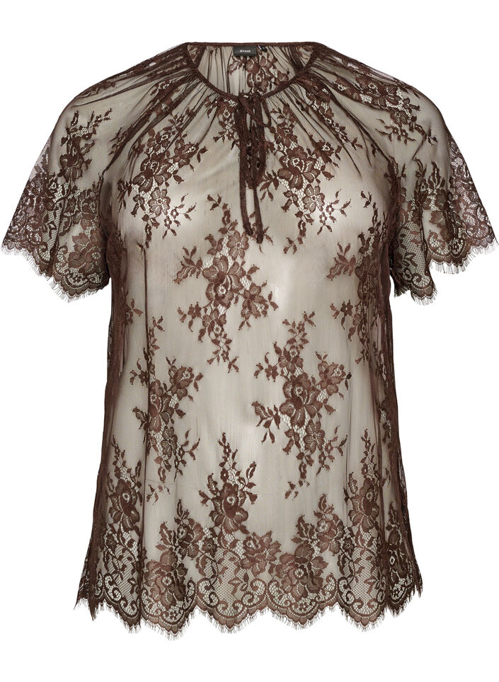 Blouse en dentelle &agrave; manches courtes avec lien &agrave; nouer, Marron, Packshot image number 0