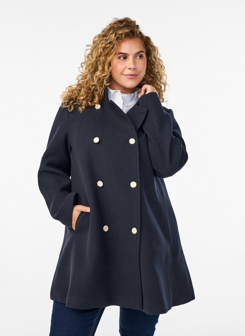Manteau coupe &eacute;vas&eacute;e avec boutons dor&eacute;s, Bleu, Model image number 0