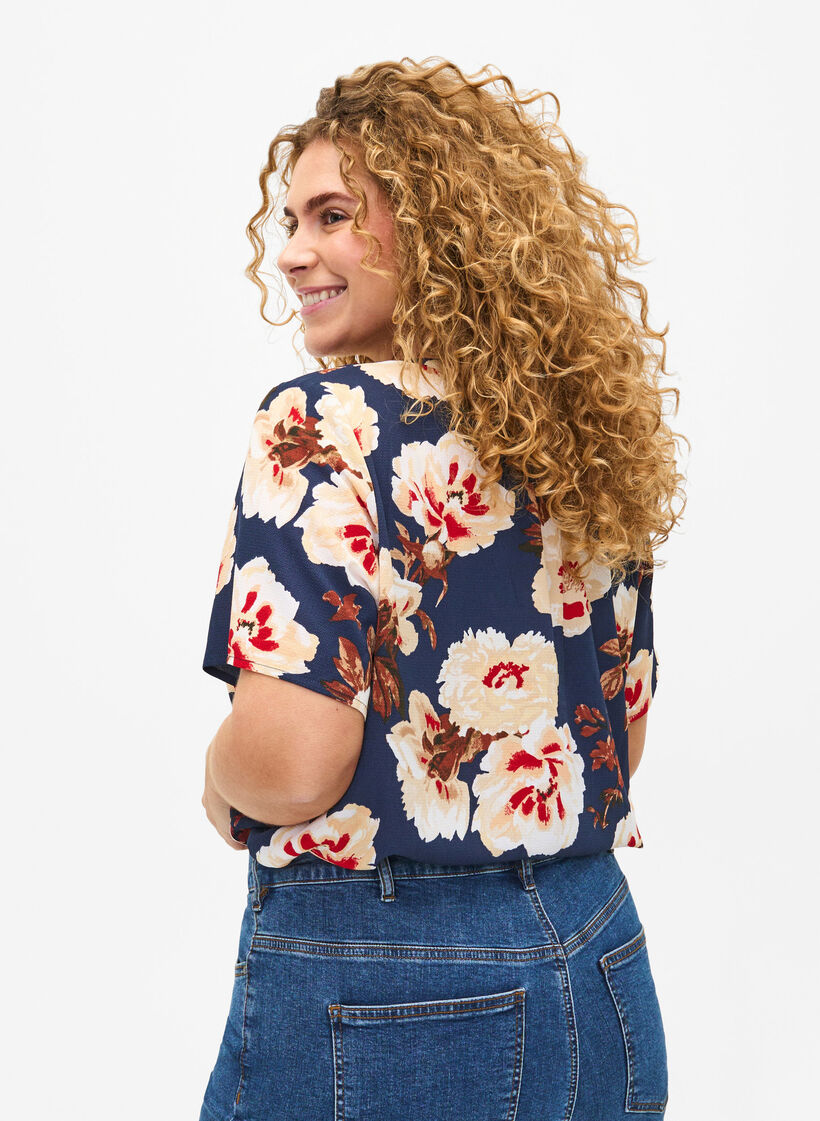 Blouse &agrave; manches courtes et encolure en V , Bleu, Model image number 2