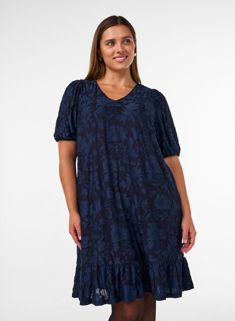 Robe &agrave; texture florale et bordure &agrave; volants, Bleu, Model image number 0