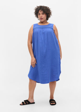 Robe sans manches en coton en forme trapèze, Dazzling Blue, Model image number 2