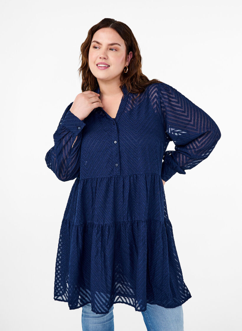 Robe courte texturée avec un col à volants, Navy Blazer, Model image number 0