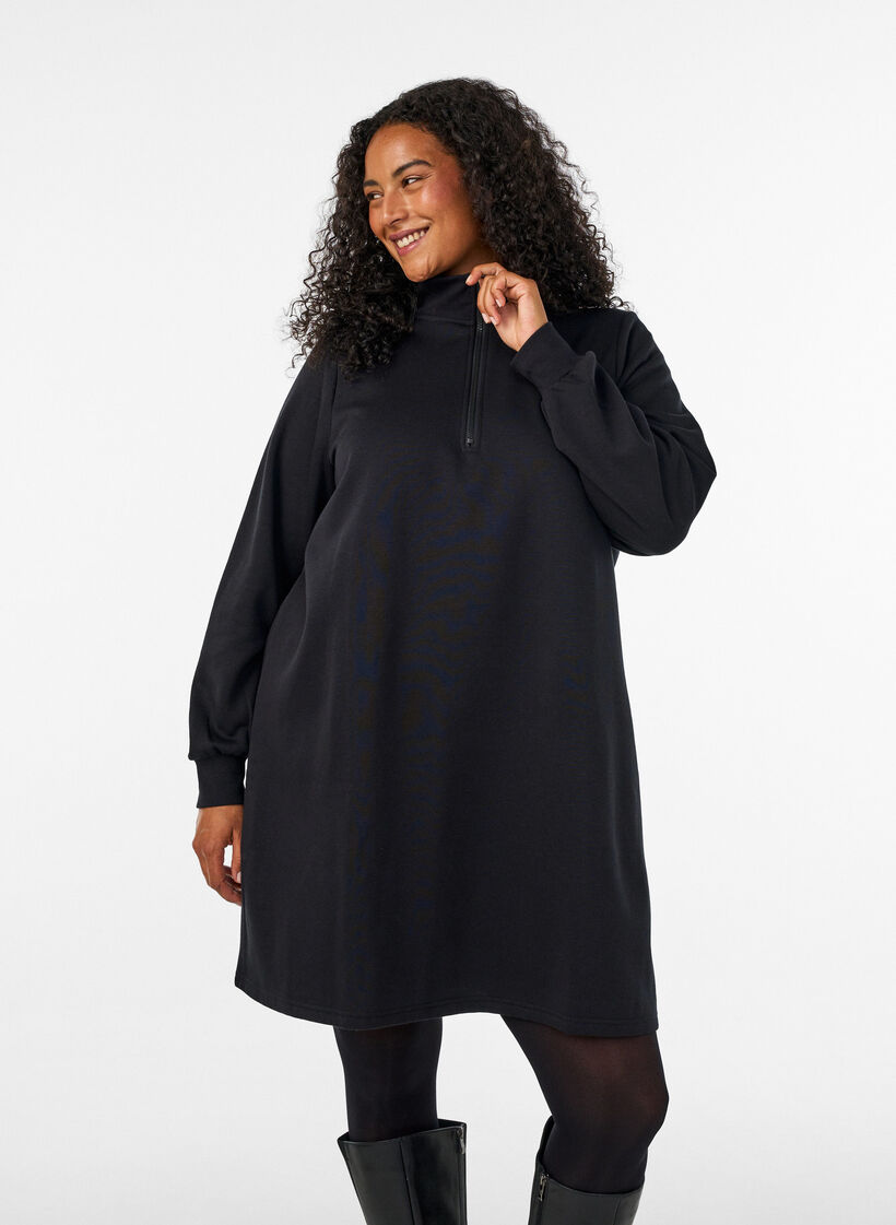 Robe sweat avec col montant c&ocirc;tel&eacute; et zip, Noir, Model image number 0