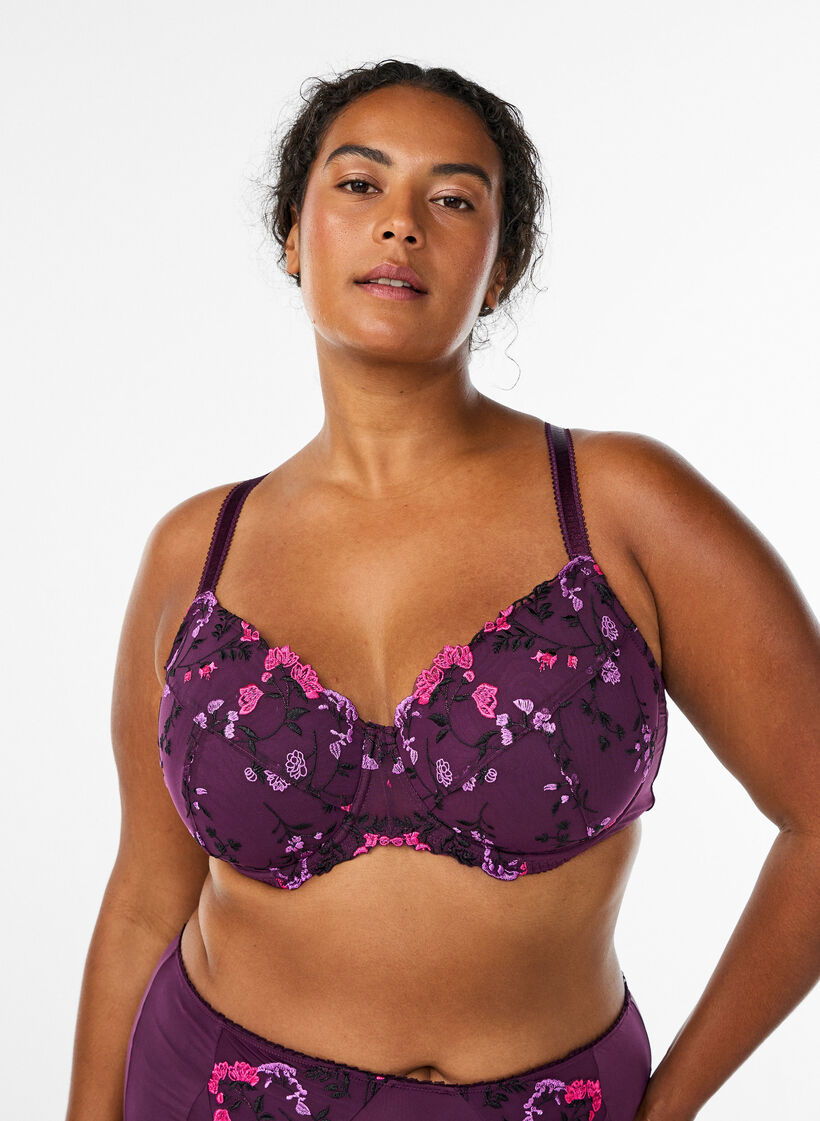 Soutien-gorge rembourré avec broderie florale, Violet, Model image number 0