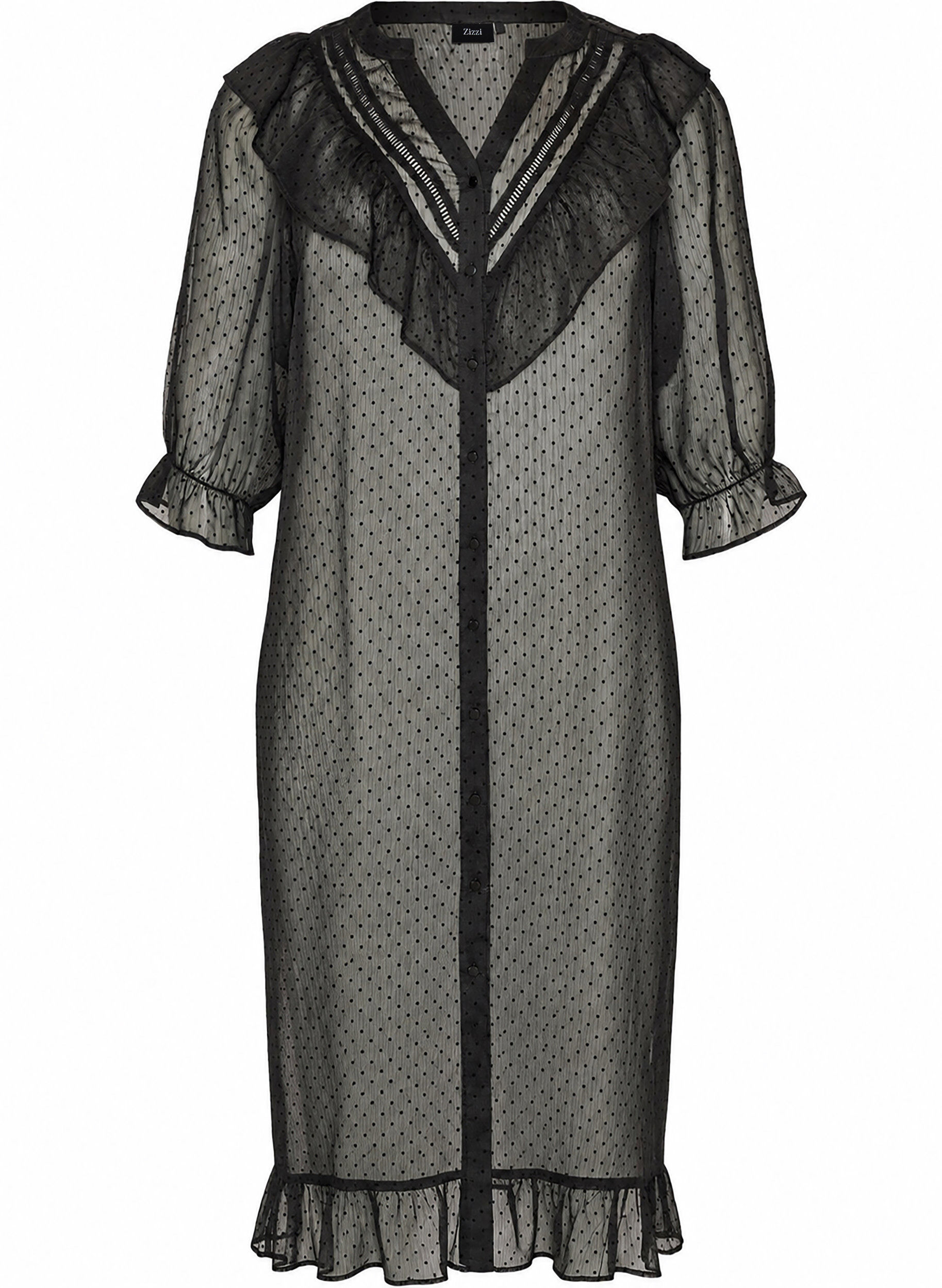 Robe midi en tissu l&eacute;ger et vaporeux &agrave; pois, avec des volants