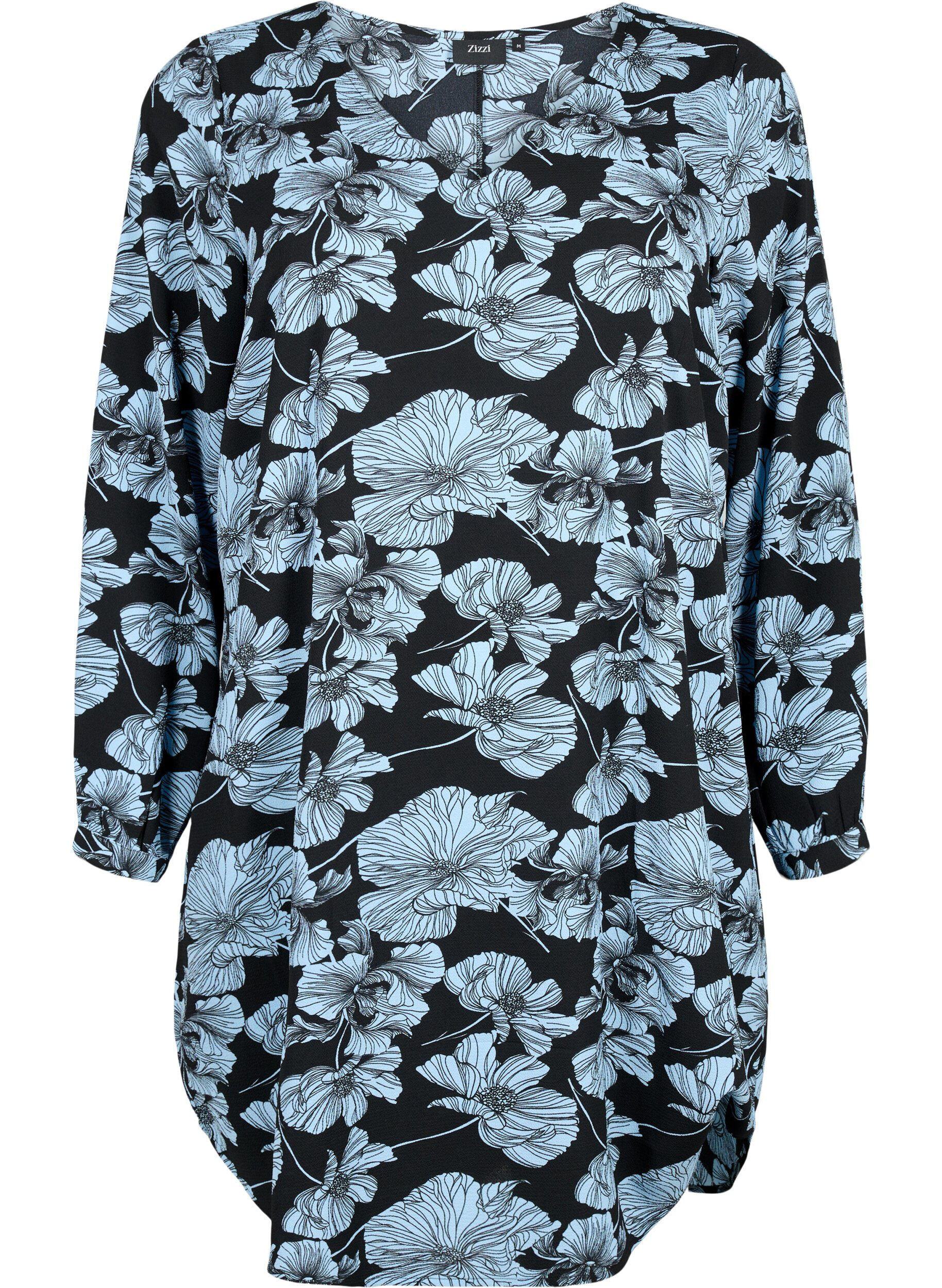 Zizzi Robe &agrave; col en V avec imprim&eacute;, Black B. Flower AOP, Packshot image number 0