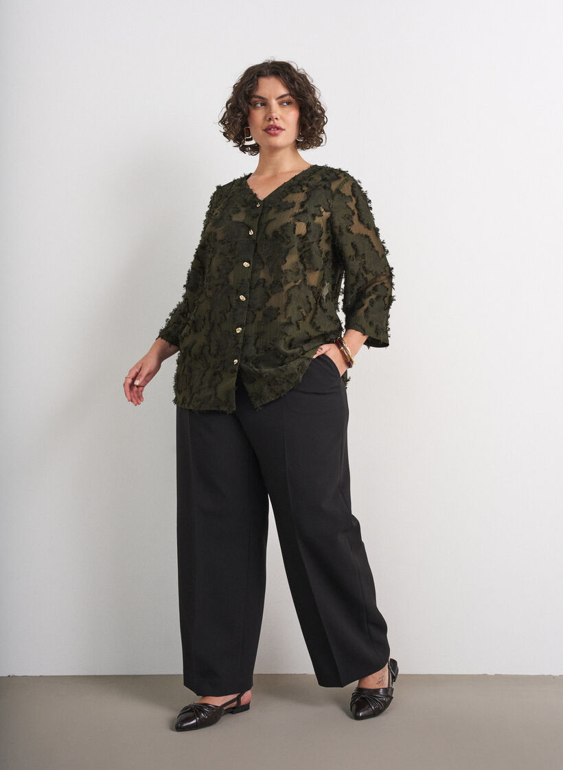 Blouse textur&eacute;e avec fils effiloch&eacute;s, Vert fonc&eacute;, Model image number 1