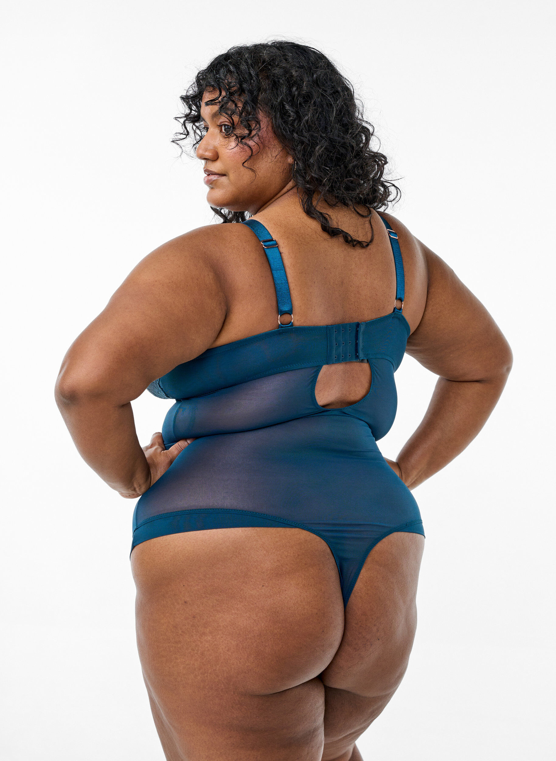 Zizzi Bodystocking en dentelle et en mesh, Bleu, Model image number 1